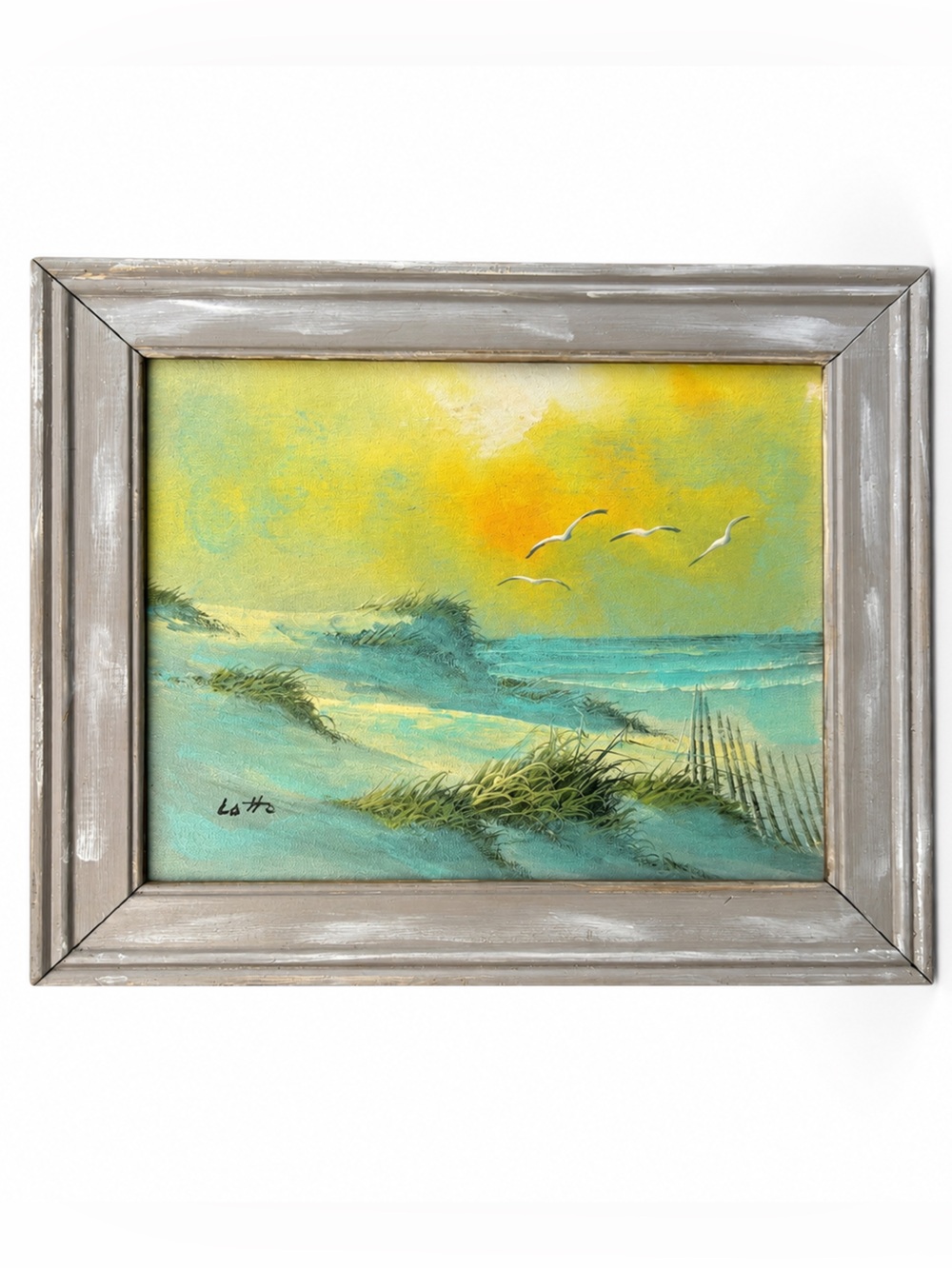 Framed Oil Painting Seascape Wall Art Blue Yellow by Lotto Wood Frame 10” x 12”